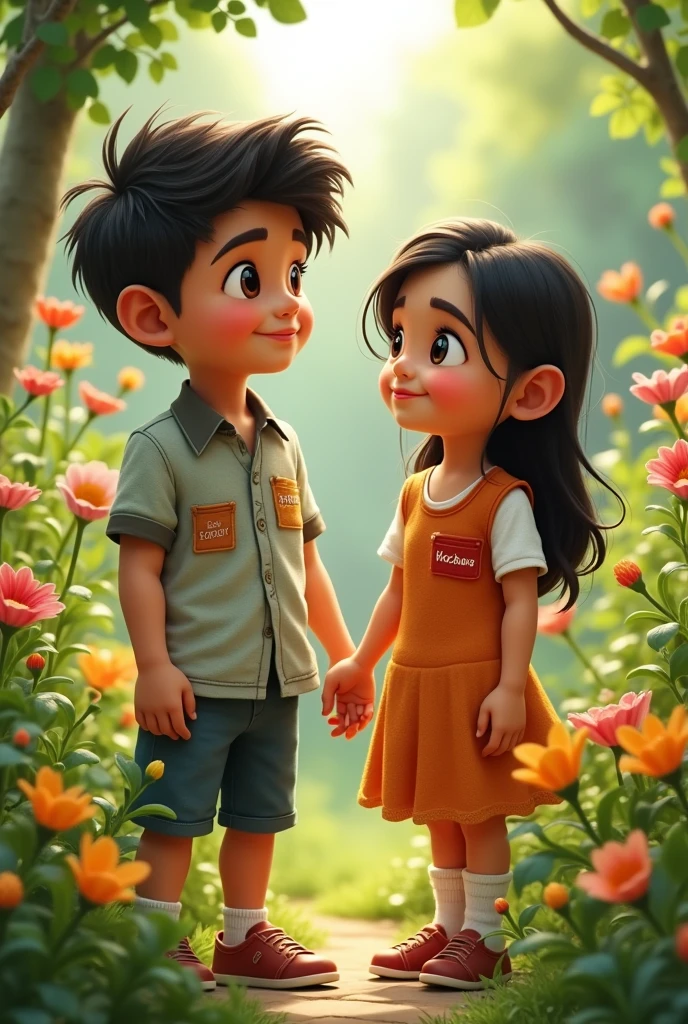 A boy and a girl are standing in a garden. The boy's name is Rohan. His shirt has a patch with his name on the pocket and the girl's name is Muskan. She also has a patch with her name on the pocket.