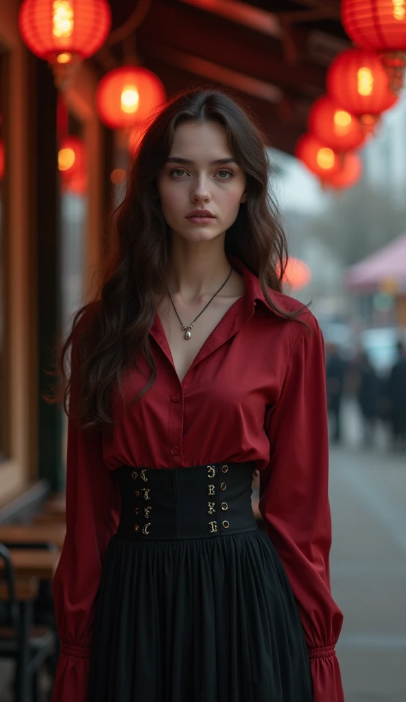 a woman standing in front in the background of a restaurant,, by Andrei Kolkoutine, tumblr, smile, portrait of a young witch girl, red elegant shirt, full body, big breasts,refined editorial photograph, wearing a gothic dress, innocent look. rich vivid colors, tom bagshaw style, elegant fashion model, girl with dark brown hair, young handsome pale roma, portait photo, ISO 300, 1/250s, F/2,8, 38 mm, extremely high quality RAW photograph, 4k, sharp focus, high resolution, 8k UHD, DSLR, high quality, film grain, Fujifilm XT3