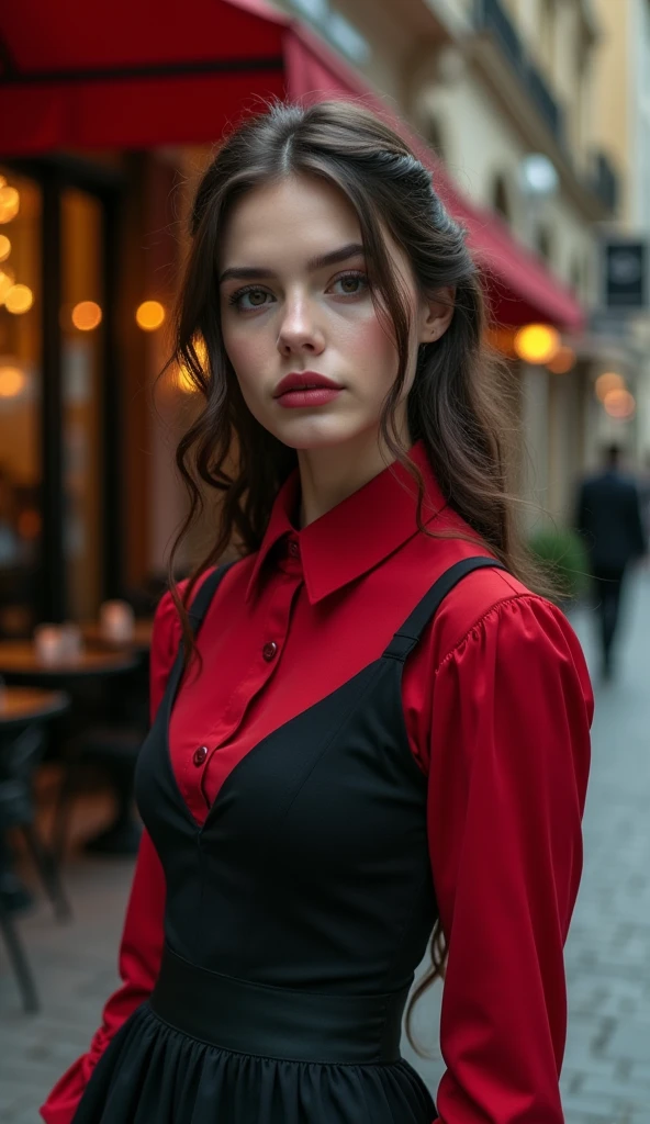 a woman standing in front in the background of a restaurant,, by Andrei Kolkoutine, tumblr, smile, portrait of a young witch girl, red elegant shirt, full body, big breasts,refined editorial photograph, wearing a gothic dress, innocent look. rich vivid colors, tom bagshaw style, elegant fashion model, girl with dark brown hair, young handsome pale roma, portait photo, ISO 300, 1/250s, F/2,8, 38 mm, extremely high quality RAW photograph, 4k, sharp focus, high resolution, 8k UHD, DSLR, high quality, film grain, Fujifilm XT3