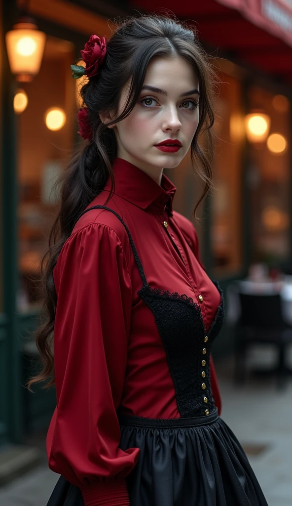 a woman standing in front in the background of a restaurant,, by Andrei Kolkoutine, tumblr, smile, portrait of a young witch girl, red elegant shirt, full body, big breasts,refined editorial photograph, wearing a gothic dress, innocent look. rich vivid colors, tom bagshaw style, elegant fashion model, girl with dark brown hair, young handsome pale roma, portait photo, ISO 300, 1/250s, F/2,8, 38 mm, extremely high quality RAW photograph, 4k, sharp focus, high resolution, 8k UHD, DSLR, high quality, film grain, Fujifilm XT3