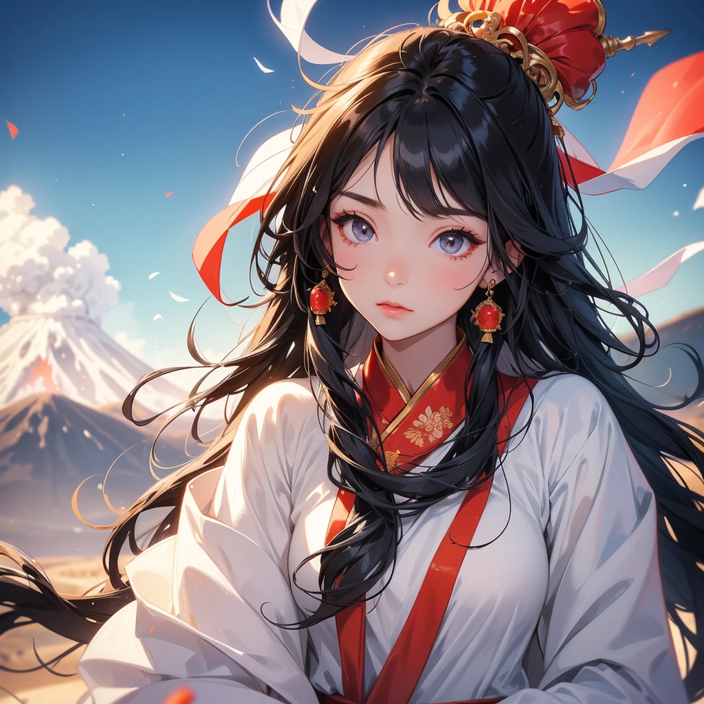 A beautiful girl with black long hair, wear white ancient chinese clothes, There are some floating clouds, with the sun shining on her face, close up.

Background is a volcano, lava erupting red