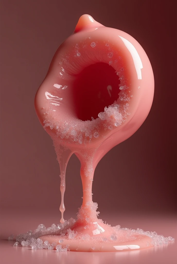A vagina having a shiny appearance with cum dripping