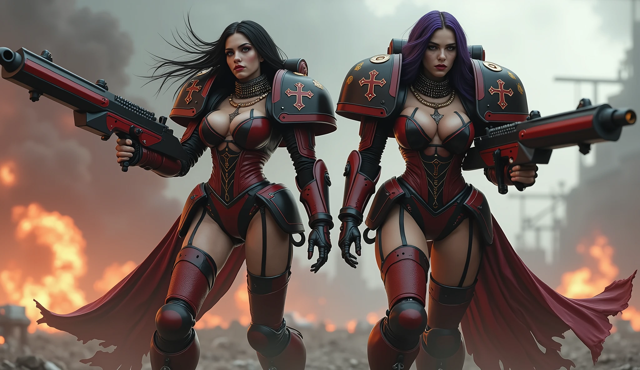 Full body pose sexy sisters of battle from the warhammer 40k, red, black and white armor, religous symbols on the armor, sisters of battle, warhammer 40k, Massive silicone breast, pale skin, seductive, temptation, eat your soul, clevage, long flowing black hair with purple highlights, heavy gothic makeup, at night, neon, beautiful detailed eyes, beautiful detailed lips, extremely detailed eyes and face, long eyelashes, highly detailed armor, intricate weaponry, dramatic lighting, cinematic composition, muted color palette, gritty and realistic, mecha, science fiction, hyper-detailed, photorealistic, award winning digital art, 8k, HDR, masters work, in the middle of a battle field, full body combat action pose, explosions and fire around, full war, stunning, Stilleto heels, high heels, full body pose, cinematic, movie trailer, final stand!, nemesis, ready to strike, dust and debree, combat screams, attacking. shooting at the enemy, running forward, last line of defense, charging