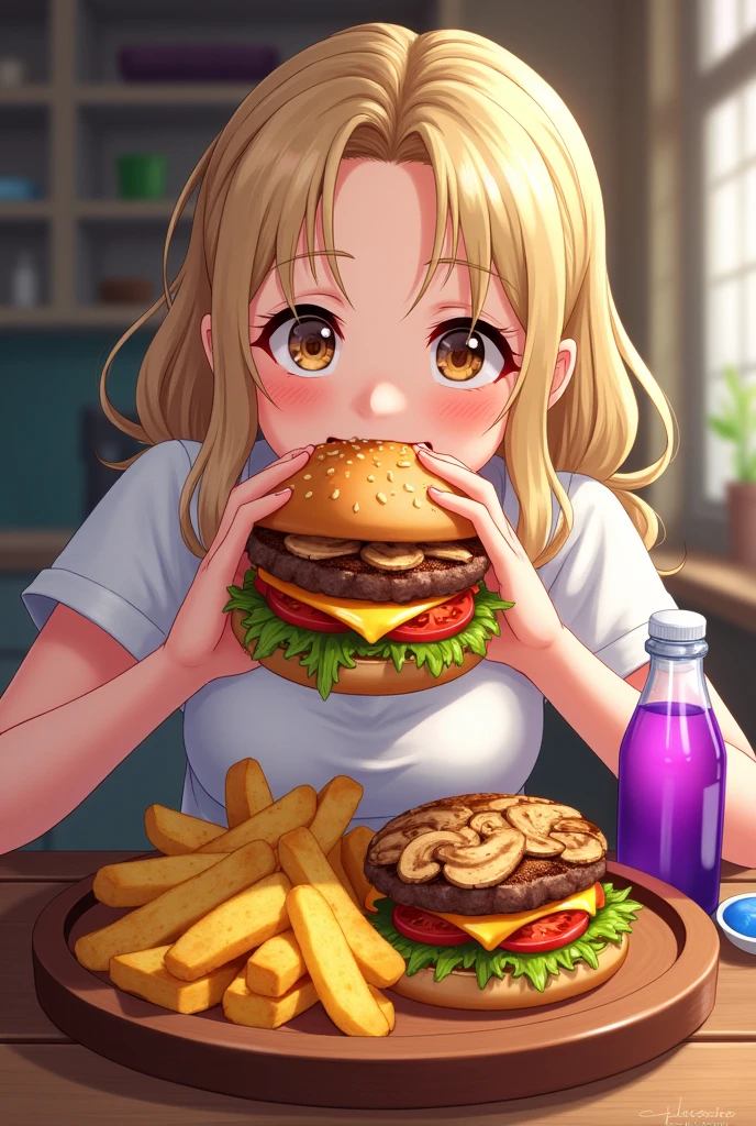 Juicy beef and tomato、lettuce、Cheese and mushroom burger。Heat in the same dish々A large amount of freshly fried potatoes、Purple carbonated juice、A young blonde beauty is eating a hamburger with gusto。The woman is wearing a white short-sleeved shirt。