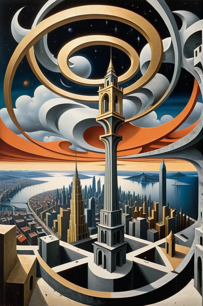 d3qck artstyle,style of Edvard Munch,art by escher,Gerald Brom,In a world where geometry reigns supreme, cityscapes reveal a colourful phenomenon. Skyscrapers composed of interconnected shapes – triangles, circles and squares – each in a distinct bright colour, accentuated by gold, silver and black, stand out harmoniously against the backdrop of contrasts. Here, geometry comes to life, transforming and rearranging into harmonious patterns and shades. The sky is a canvas of mathematical perfection, with clouds forming fractal patterns that reflect the city below. This is a place where Euclidean and non-Euclidean geometry coexist, a utopia for those who find beauty in corners and edges, in bright and expressive play of colour and shape, and in a dark, modern fantasy style.