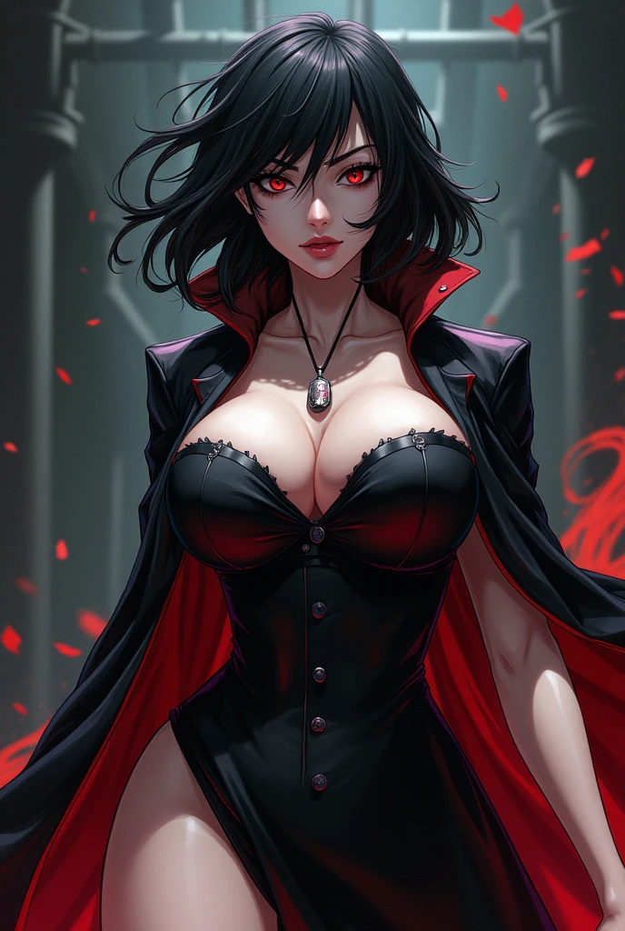Cruella in anime version wearing dark makeup andin dark villa