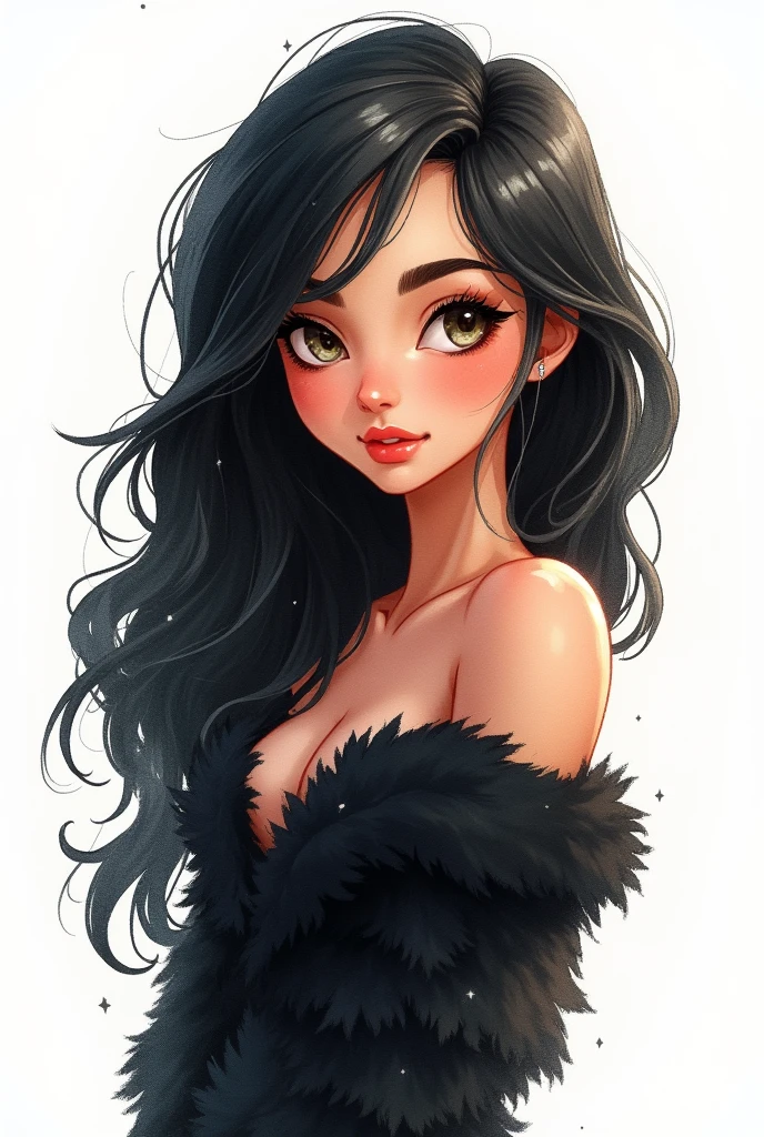 women, black fur, 20 years, Spanish, White background, watercolor cartoon style