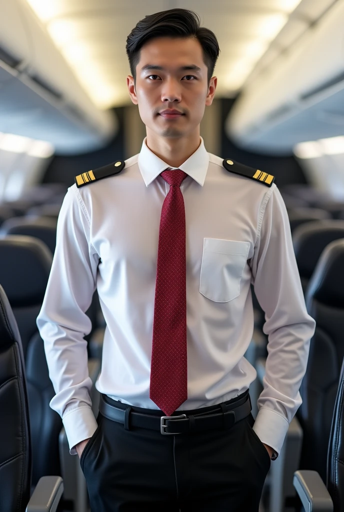 a picture of a male cabin crew member of Thai chinese descent, white skin standing confidently in an airplane cabin. He has sleek, middle-parted hair and is wearing a very thin see through long sleeves white shirt, with tank top undershirt obviously visible. His attire includes black pants, and a red patterned necktie. Black shoulder badges are visible, indicating his rank or role. He stands with both hands casually in his pockets, exuding professionalism and approachability in the cabin's aisle.