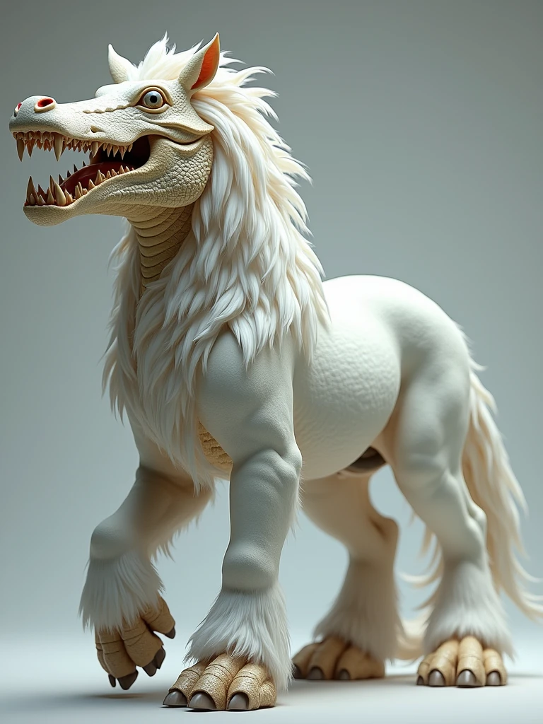 an animal with the body of a horse that has eyes and mouth of crocodile and the feet of lion with white fur.
