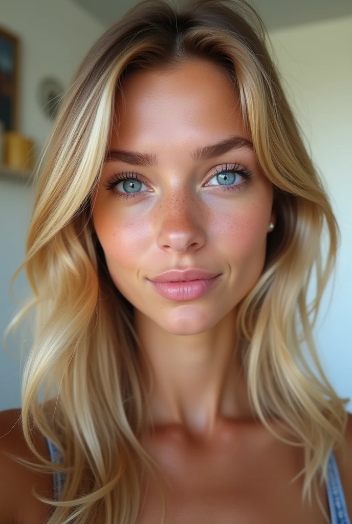 very realistic instagram model 1 blonde italian with blue eyes about 1m60 I want a selfie photo of her face very realistic without blur in the background