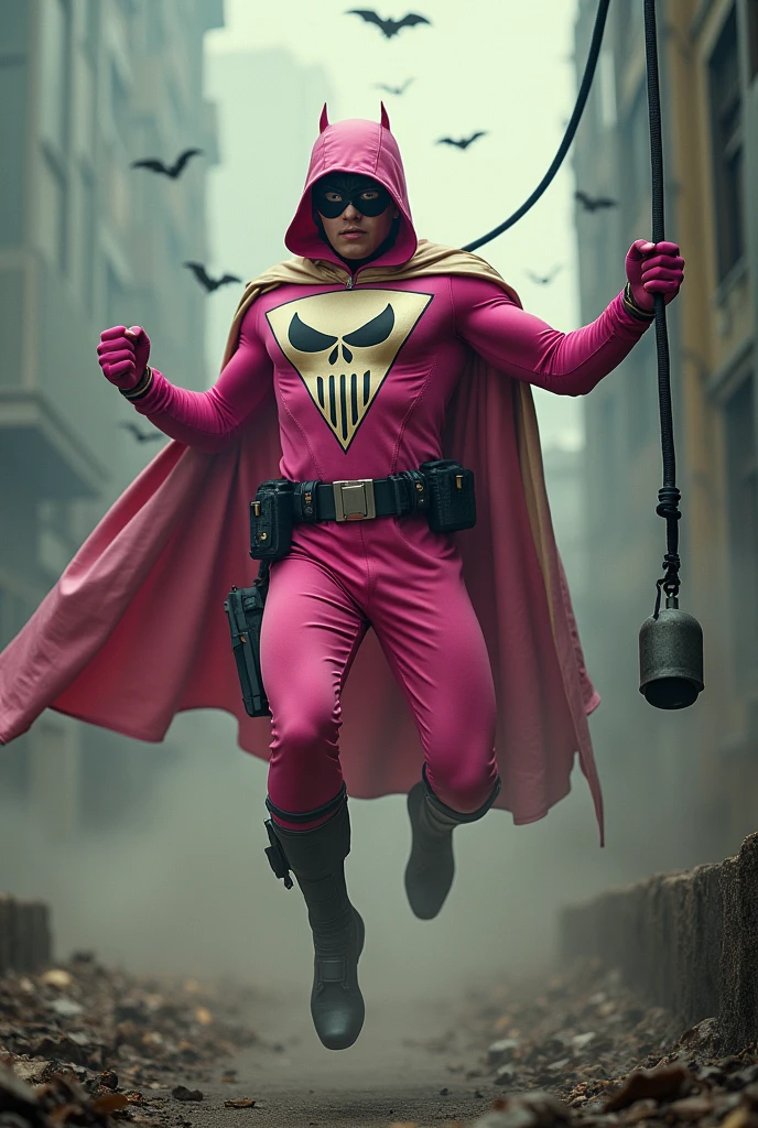 Malaysia man in high-tech suit, vivid effects, malaysian superhero (KELUANG MAN) in a striking pink and brown beige costume cyberpunk design, mask small mini bat ear beige, daredevil beige mask, jumpsuit dark pink stands confidently in a dramatic.jumping from high place.hero costume.one hand rise up. Big triangle logo on the chest.high detail Punisher logo on the chest. Fighting pose , stormy landscape. ((Head covered node guard like batman. Running pose , athletic body type, small mini ear bat mask))The character wears domino mask a helmet with pointed mini torn ears and a flowing cape biege, open nose and mouth. Equipped with visible futuristic weapons on a belt,bullet proof jacket pink dark day.show fingers pose, dark night, big supermoon effect . Small logo on chest triangle shape small punisher logo center triangle cyber logo center on chest pink logo mini logo . rocky. Building top.smoke ground , bomb effect background, losse pants, losses costume.adding to --ar 3:4 --style raw --stylize 500 --v 6.1. chaos. Lot of small flying bat. One leg on the high stone. Man. Backpack . Real man age 40 year old. One hand holding belt.one hand holding black rope hanging on building