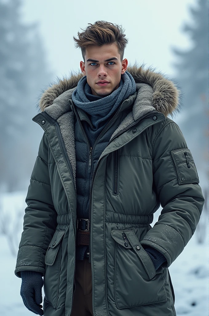 Short hair handsome teen Polish man. HE'S SKINNY. Hero outfit color Gray. He wears a heavy winter outfit.