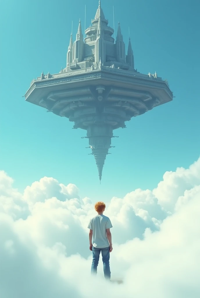 The endless plain covered of cloud. A cinematic medium shot of a man with reddish-blonde hair wearing a t-shirt and jeans. His haircut is in the style of the 80th. He is between the fluffy white clouds, knee-deep in clouds, and looking at a beautiful, magnificent flying fantasy city with intricate details. The city is floating in the air above the clouds. The background is a clear blue sky. The city has a heptagonal symmetrical shape, the corner towers are connected to the central part by galleries and passages. The city is both a defensive structure and a masterpiece of architecture. It has a futuristic look, but at the same time fantasy fairy tale outlines. (high resolution, high detail, best quality),
(masterpiece:1.2,Highest quality,Ultra-high resolution,Very detailed,Realistic,Ultra-high resolutionのカメラ),8k,wallpaper, A cool, sci-fi look,,masterpiece,Highest quality,Ultra-high resolution,(Super detailed),8k,Realistic,Best aesthetics,beautiful,(dynamic,Great impact:1.2), (HDR:1,2), high contrast.