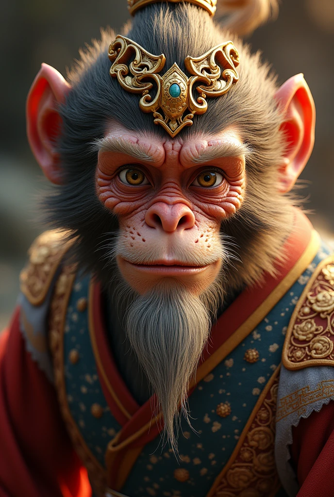 (Sun Wukong, a powerful Monkey King, detailed portrait, beautiful detailed eyes, beautiful detailed lips, extremely detailed face and features, long eyelashes, muscular body, dynamic pose, staff in hand, detailed wrinkles, fur details, dramatic lighting, ornate golden headpiece, ancient Chinese setting, vibrant colors, cinematic, intricate details, hyper-realistic, photorealistic, 8k, best quality)