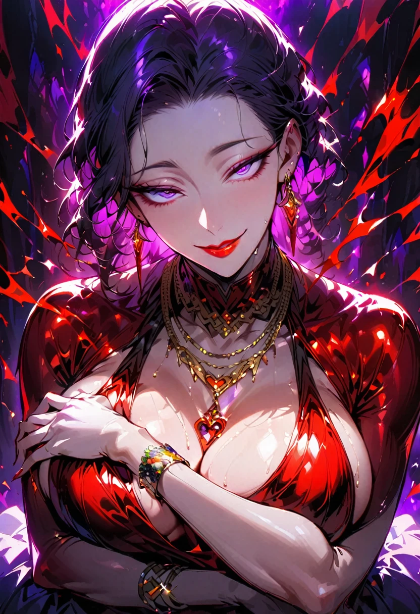 A young and beautiful woman and a mature and seductive woman:1.2,(Highest quality,Extremely detailed depiction,Incredibly absurd high resolution,Anatomically accurate depiction,Curvy Legs,Vertically drawn pupils,Shiny skin,Porcelain-like skin),(Succubus Parent and Child),(Elegant Gala Dresses,Fluffy Dress,Conservative dress,Gorgeous)eyelash,Sweat,(Glowing purple eyes,Crazy Eyes,Large Breasts,A seductive smile,lustrous red lips,Flashy makeup,A seductive gesture by two people,Parent and child hugging each other:1.3,Half-closed eyes:1.5),Luxury accessories,earrings,necklace,Bracelet,whole body,