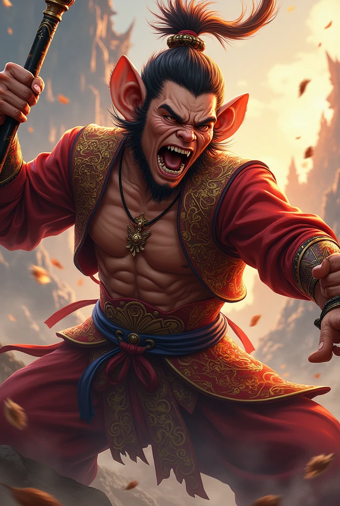 a highly detailed 2D digital painting of sun wukong, the legendary monkey king from chinese folklore, beautifully rendered in an anime art style, intricate character design, striking pose, dynamic action, vivid colors, cinematic lighting, dramatic shadows, ornate costume details, detailed facial features, expressive eyes, open mouthed snarling expression, muscular physique, holding a staff, detailed background elements, vibrant color palette, digital painting, concept art, masterpiece