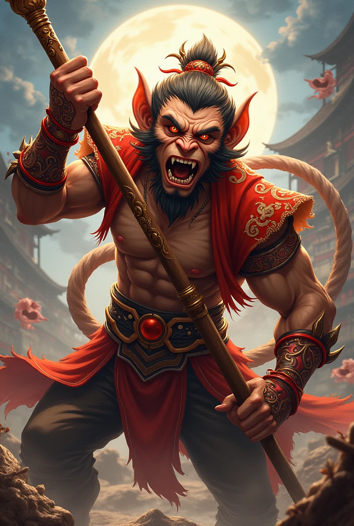 a highly detailed 2D digital painting of sun wukong, the legendary monkey king from chinese folklore, beautifully rendered in an anime art style, intricate character design, striking pose, dynamic action, vivid colors, cinematic lighting, dramatic shadows, ornate costume details, detailed facial features, expressive eyes, open mouthed snarling expression, muscular physique, holding a staff, detailed background elements, vibrant color palette, digital painting, concept art, masterpiece