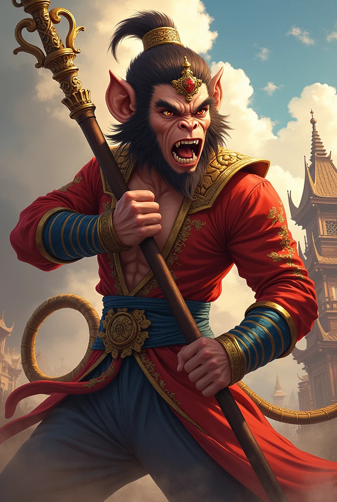 a highly detailed 2D digital painting of sun wukong, the legendary monkey king from chinese folklore, beautifully rendered in an anime art style, intricate character design, striking pose, dynamic action, vivid colors, cinematic lighting, dramatic shadows, ornate costume details, detailed facial features, expressive eyes, open mouthed snarling expression, muscular physique, holding a staff, detailed background elements, vibrant color palette, digital painting, concept art, masterpiece