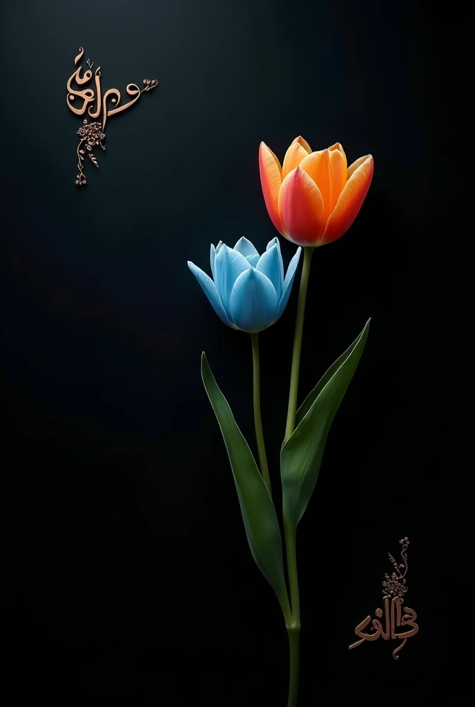 Masterpiece, best quality, black background, on the top side there is small tulips two colors blue and orange, very small arabic letters in the corners