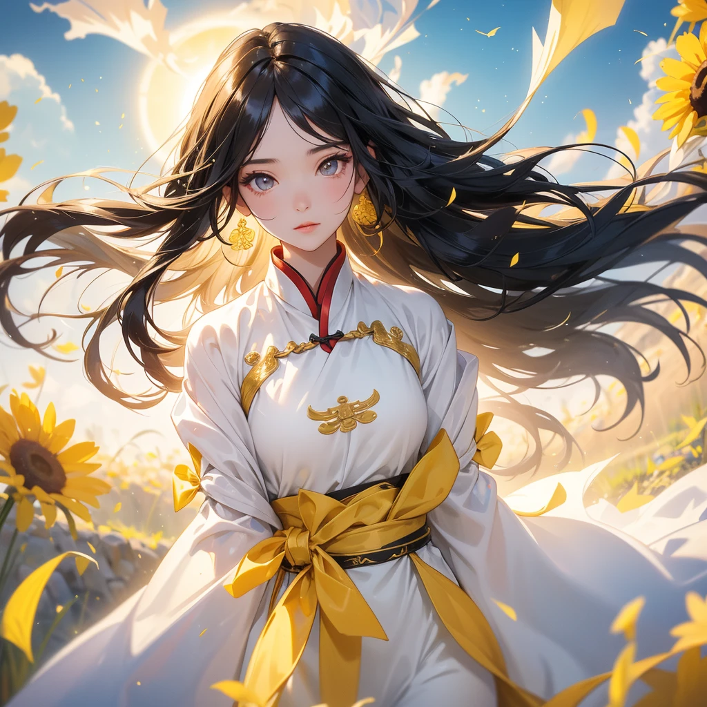 A beautiful girl with black long hair, wear white ancient chinese clothes, Standing in the midst of a field of bright yellow gold fields , There are some floating clouds,, with the sun shining on her face, close up.