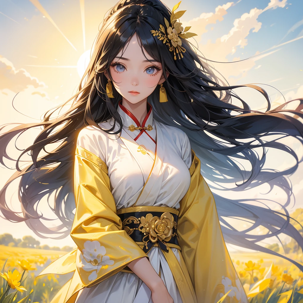 A beautiful girl with black long hair, wear white ancient chinese clothes, Standing in the midst of a field of bright yellow gold fields , There are some floating clouds,, with the sun shining on her face, close up.