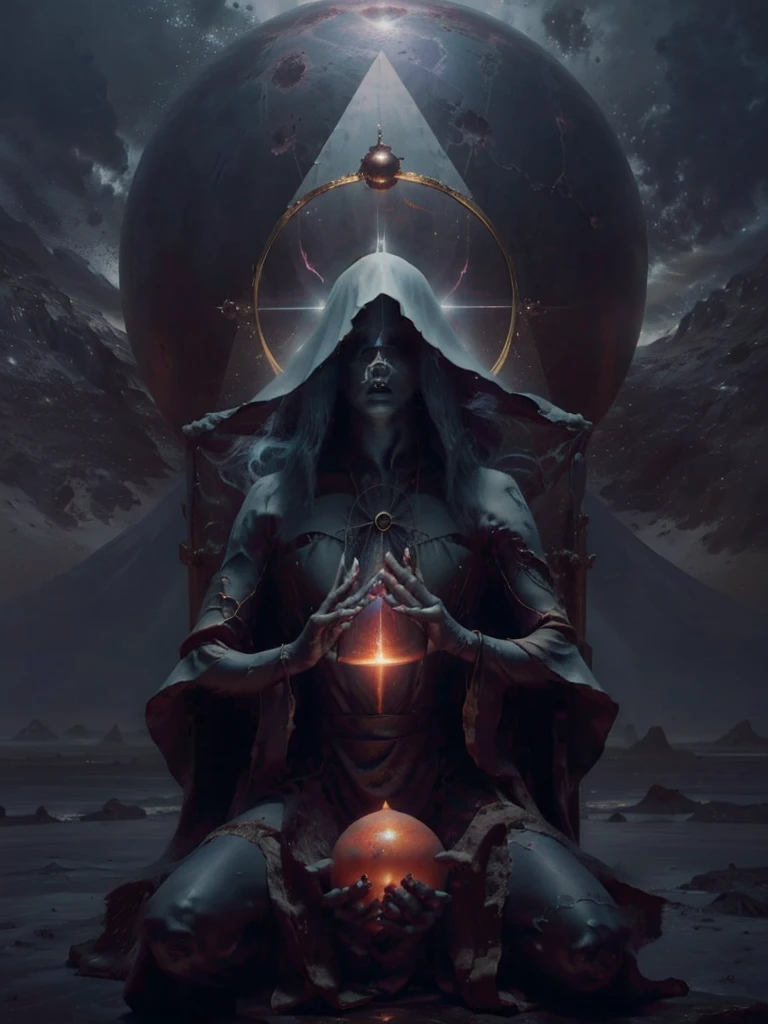 (ran),blue witch,Create a highly detailed and atmospheric digital painting of a cosmic dark entity meditating in a lotus position on the surface of a barren planet. The entity has a shadowy, featureless face and a muscular humanoid body covered in dark organic tendrils that appear to flow and twist around it.. A bright red crystal is embedded in his chest, pulsating with dark energy. Above the head of the entity, A spinning purple and black cosmic vortex with a glowing mystical orb at its center radiates power, Shedding an ethereal light. The background features a vast star-filled galaxy with purple nebulas and distant cosmic phenomena., creating a sense of infinite space and power. The lighting is dark and sinister, and the main sources of light are the glowing red crystal and the mystical orb. The overall color palette is dominated by deep purples., black and touches of red, evoking a sense of cosmic mystery and power.