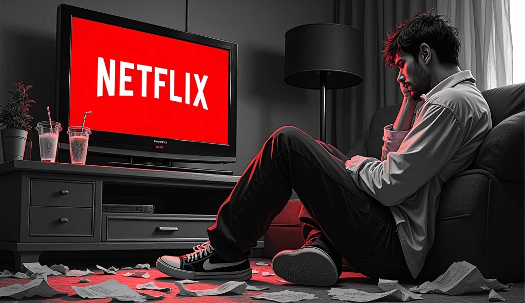 Create a black and white manga style image with colored highlight point on the image, In this image I need to portray a dramatic scene of someone lazy, procratinando, a tv with nwtflix and a table with drinks in the background.