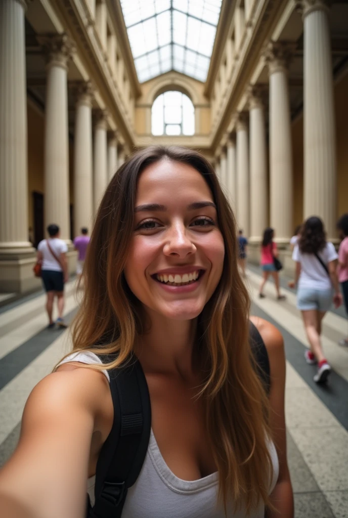 A selfie-style photo of a person at the Ipiranga Museum in São Paulo