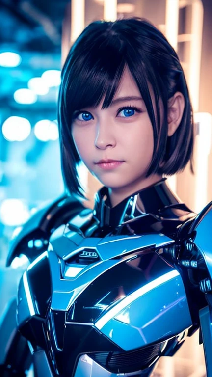 Wide-angle shot, 1 female, Mecha, Glowing blue-black eyes, Very cute face, (Realistic:1.37), バイオMechaニカル, Spaceship interior bokeh background, Ultra-realistic, Very detailed, Very intricate details, Beautiful woman in focus、Looking at the front-facing camera、