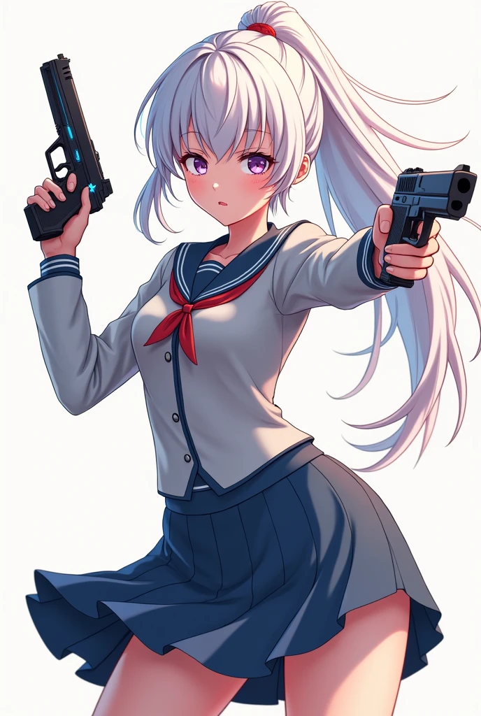 White ponytail anime girl wearing school uniform while holding dual pistols