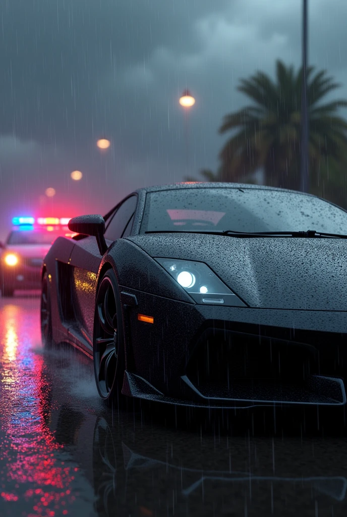A Scorpio black car with dark sky and rainfall with rainbow chess police car
