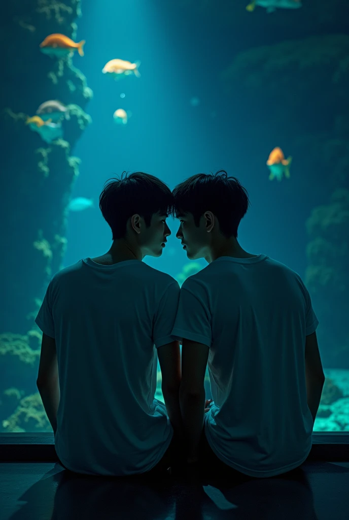 Asian BL couple, seeing back silouhette in a aquarium in a dark and romantic environment like two Korean in white tshirt in a dark. Sat on the floor looking at each other