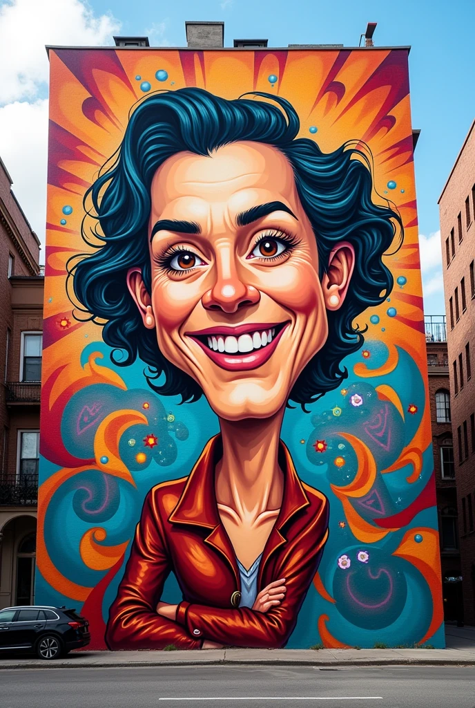 A mural Caricature artwork which has a touch of maximalism and uses three colors of the maximalism 