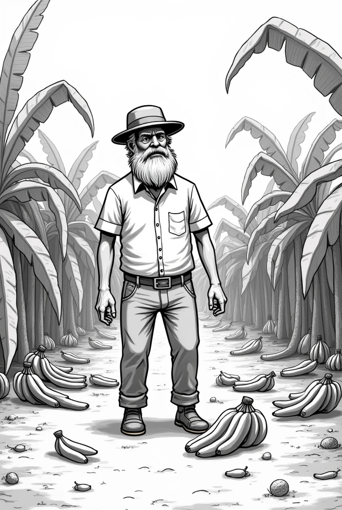 Create an easy to draw black and white drawing, of a slightly older man with a beard and a hat, worried and sad, in a banana plantation as he found them destroyed and fallen to the ground, On the ground you throw out fallen bananas and make the man sad and worried while he watches them , Put a hat on him and more bananas on the ground , That image is fine, just put what I just told you. , He places banana plants around him and the man looks at the bananas on the ground with sadness , Place more bananas on the ground and watch them. , but put them all down , Take them away from being together and put them individually but quite a bit , Place the man in a standing position but staring at the bananas on the ground, with a sad face , Place the smaller bananas