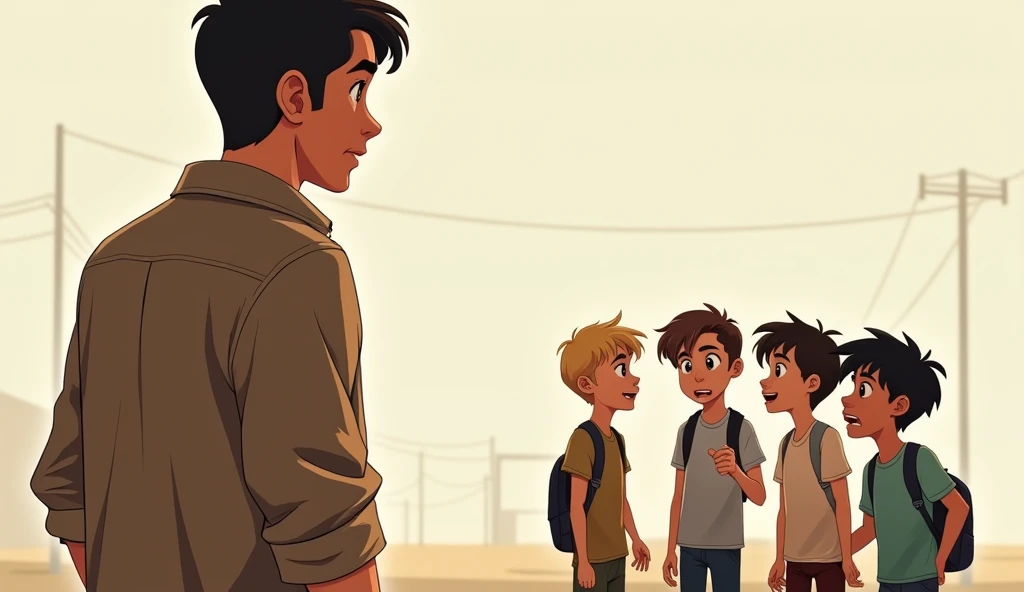 A man looked behind and three three four boyes gosip