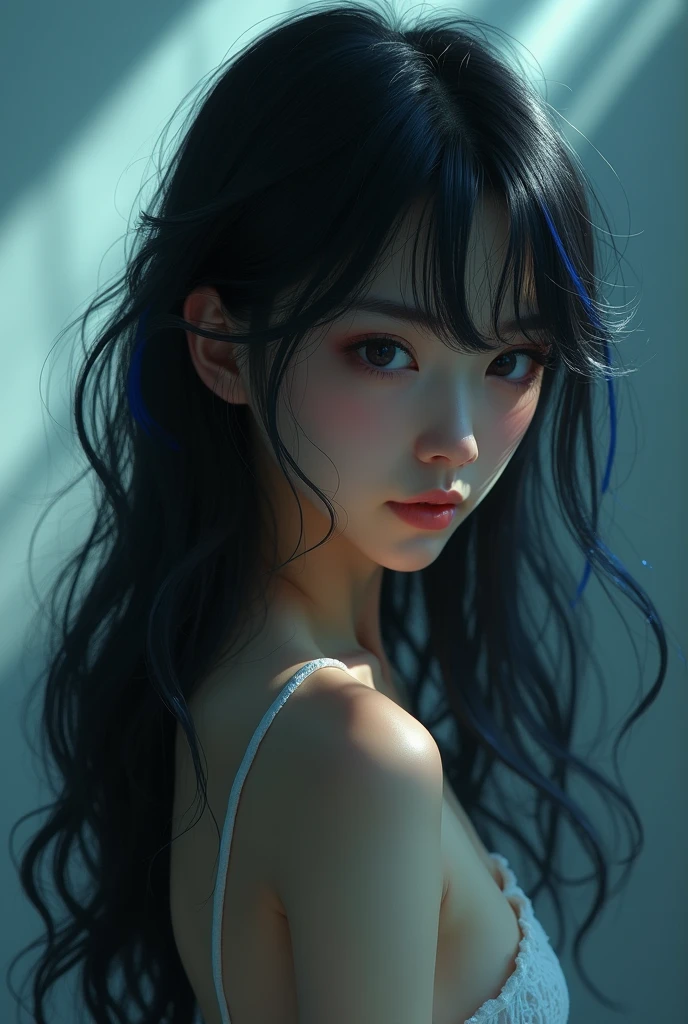 40 years old,Japanese、((nude))、Black Hair、Round eyes、Light wavy hair, correct、Striped Hair、Dark blue hair、Gradient Hair、Asymmetrical hair、Hair behind the ear、Crossed bangs、Long Hair、とてもLong Hair、Hair up on one side、((お尻までLong Hair))、Valletta、Ring Eye、Round eyes、Compensate、Wicked Smile、A light smile、Surrealism、Cast a Shadow、Portraits、Subjective、Atmospheric perspective、Film Grain、Backlight、Exposure,Very detailed、Highest quality、超High resolution、Very detailed、Very realistic, masterpiece、correct、Textured skin、Awards、High resolution、16K, Hair folder、A light smile、Redness in the ears、correct、Cast a Shadow、Subjective、Shine、360° View、解剖学的にcorrect、masterpiece、Textured skin、Attention to detail、Long eyelashes、A slight blush、((The whole body is visible))