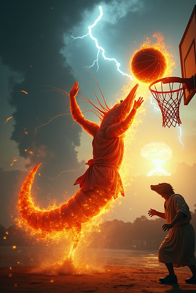 Ai creates an image of literally a shrimp the animal scoring in the basketball hoop while lightning bolts fall from the sky and there is a tornado in the background while Jesus Christ cheers him on from a corner and a crocodile tries to stop him from scoring. (that the shrimp is engulfed in flames and also the ball)(or humanises al camaron ) and there is a nuclear bomb explosion in the distance 