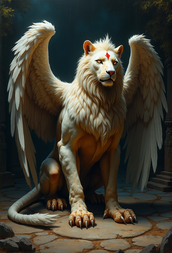 Design me a {Colossal Masterpiece, realistic oil painting, best quality, by Gustave Moreau}, dramatic portrait of a griffin, chiaroscuro, iridescent, holographic, a red diamond shape on its forehead, displaying wings, reclined on a jungle temple floor.