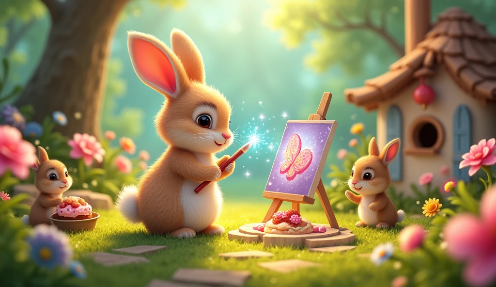 Rosie the Rabbit:

Prompt: "A cute little rabbit named Rosie with soft fur and bright eyes, holding a sparkling, magical paintbrush. She’s in a sunny garden surrounded by flowers and trees."
Magical Paintbrush:

Prompt: "A close-up of a magical paintbrush that sparkles and shines with a magical aura. The bristles glow with enchanting colors."
Butterfly:

Prompt: "A beautiful butterfly painted by Rosie with vibrant colors and intricate patterns. The butterfly is flying gracefully out of the painting."
Cake:

Prompt: "A delicious-looking cake that Rosie painted. The cake is decorated with colorful icing and sprinkles, appearing in a cozy setting."
Sunny Day:

Prompt: "A picturesque scene of a bright, sunny day with clear blue skies and warm sunlight, created by Rosie’s magical paintbrush."
Cozy Little House for a Bird:

Prompt: "A charming, cozy little house painted by Rosie, designed for a bird. The house is nestled in a tree with a welcoming door and window."
Beautiful Garden:

Prompt: "A vibrant, magical garden full of colorful flowers, towering trees, and lush greenery. The scene is glowing with a sense of enchantment and beauty." Ultra realistic 
Rosie’s Friends Playing in the Garden:

Prompt: "A joyful scene with Rosie and her animal friends playing together in the newly created beautiful garden. They’re laughing and having fun amidst the flowers and trees."