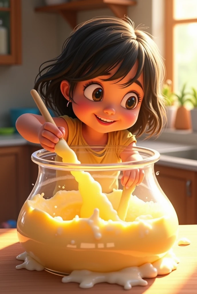 a mixture of cornstarch and water in a large container and a girl mixing it in a Disney Pixar drawing