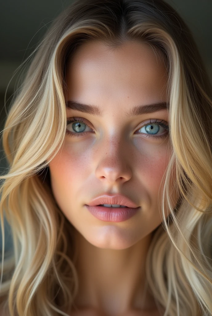 very realistic instagram model 1 blonde italian with blue eyes about 1m60 I want a selfie photo of her face very realistic I don't want blur in the background