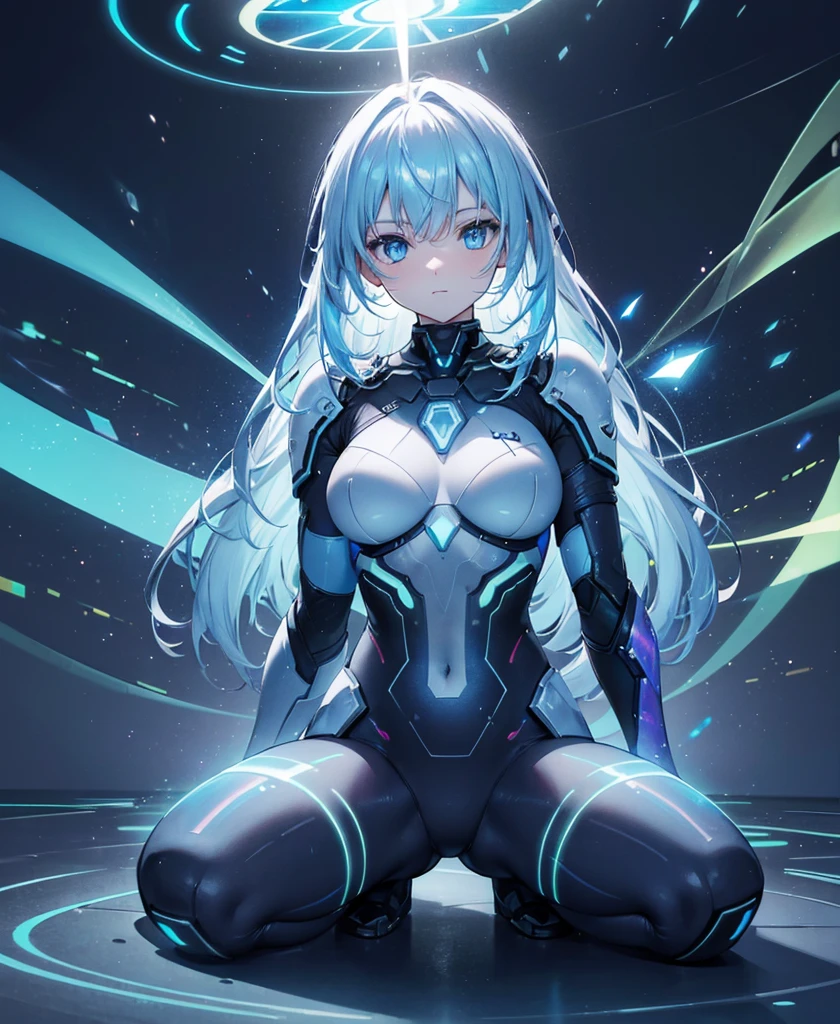 ((Holographic glow effect)),8k, Highest quality, (real:1.4), Original photo, 1 person, Asari Hair, Biological Amplifier, refined armor, posture: Peace talks between warring factions, smart blue eyes,whole body
