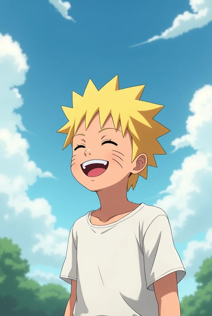 1boy, male_focus, uzumaki_naruto, blonde_hair, solo, sky, closed_eyes, smile, cloud, day, whisker_markings, shirt, facial_mark, grin, white_shirt, blue_sky, outdoors, cloudy_sky, spiked_hair, male_child