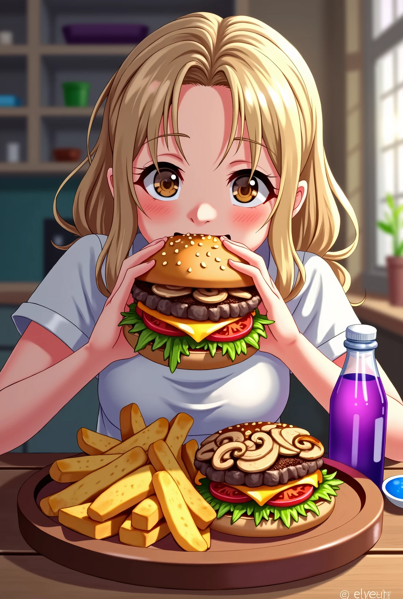 Juicy beef and tomato、lettuce、Cheese and mushroom burger。Heat in the same dish々A large amount of freshly fried potatoes、Purple carbonated juice、A young blonde beauty is eating a hamburger with gusto。The woman is wearing a white short-sleeved shirt。