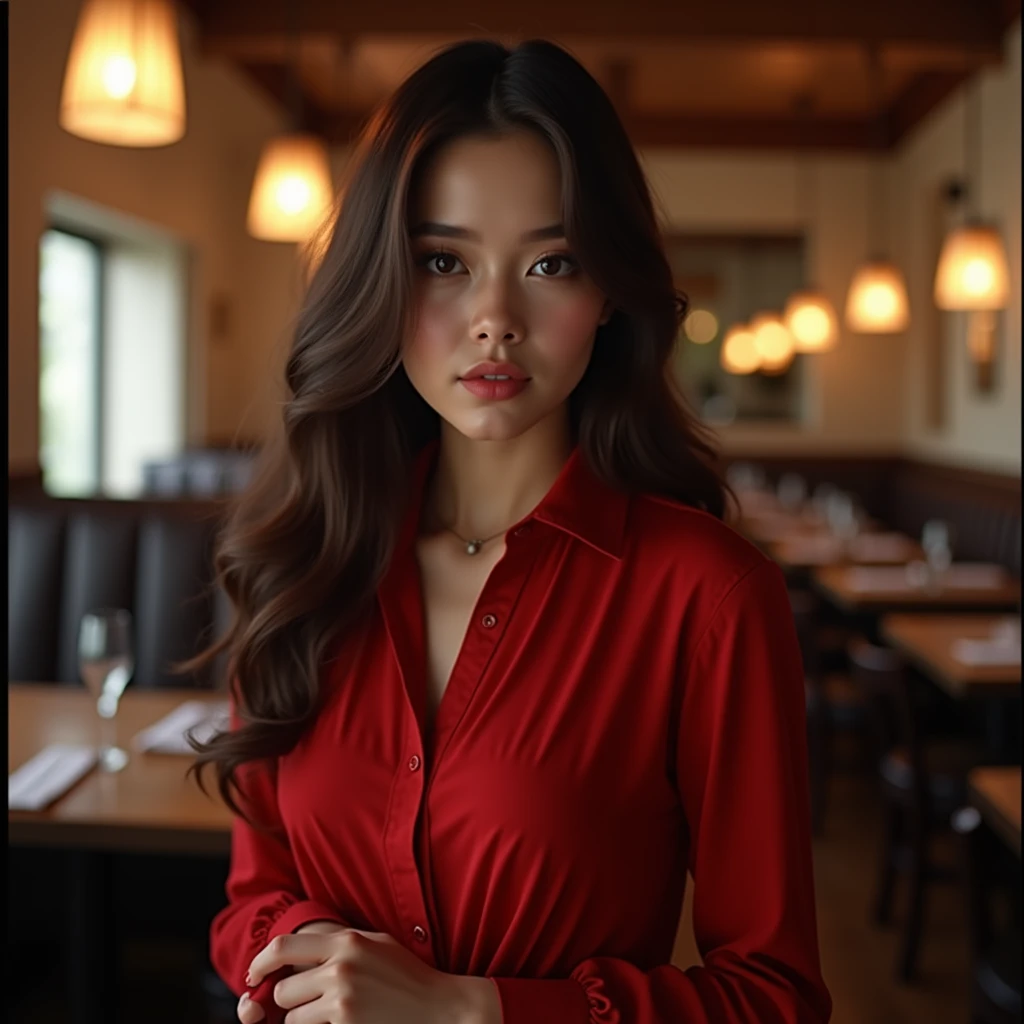 a woman standing in front in the background of a restaurant,, by Andrei Kolkoutine, tumblr, smile, portrait of a young witch girl, red elegant shirt, full body, vulptuous body, big breasts,refined editorial photograph, wearing a gothic dress, innocent look. rich vivid colors, tom bagshaw style, elegant fashion model, girl with dark brown hair, young handsome pale roma, portait photo, ISO 300, 1/250s, F/2,8, 38 mm, extremely high quality RAW photograph, 4k, sharp focus, high resolution, 8k UHD, DSLR, high quality, film grain, Fujifilm XT3