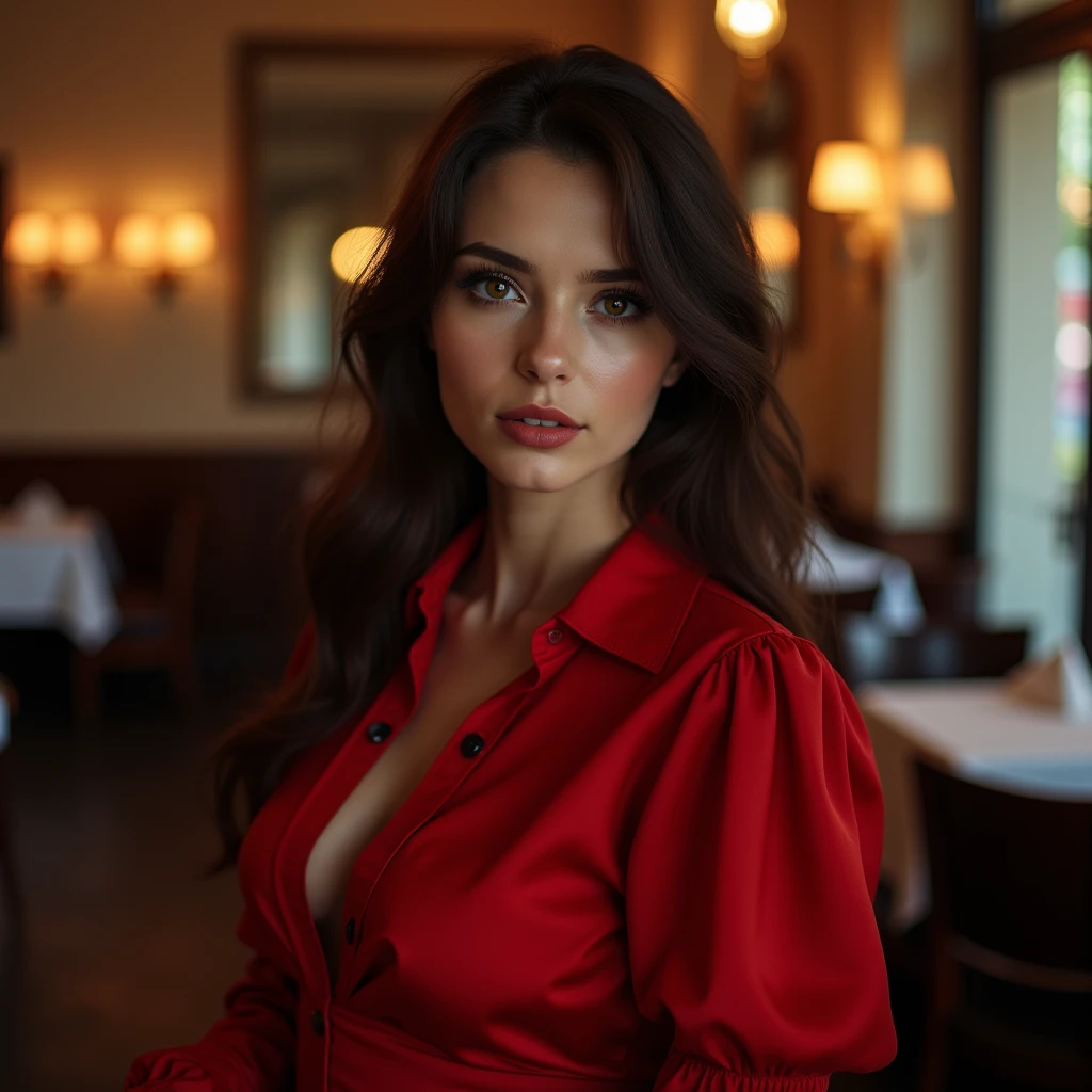 a woman standing in front in the background of a restaurant,, by Andrei Kolkoutine, tumblr, smile, portrait of a young witch girl, red elegant shirt, full body, vulptuous body, big breasts,refined editorial photograph, wearing a gothic dress, innocent look. rich vivid colors, tom bagshaw style, elegant fashion model, girl with dark brown hair, young handsome pale roma, portait photo, ISO 300, 1/250s, F/2,8, 38 mm, extremely high quality RAW photograph, 4k, sharp focus, high resolution, 8k UHD, DSLR, high quality, film grain, Fujifilm XT3