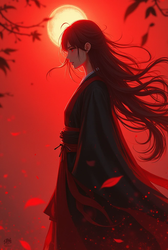 can create an image of a simple character with the meaning with Ryuzaiko Araten, and with long hair like Yoriichi from Demon Slayer with the same characteristics, mainly the red color.