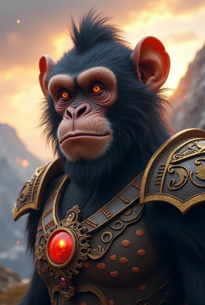 a powerful humanoid monkey, detailed face with big eyes, long eyebrows, strong jawline, muscular body, wearing ornate jeweled armor, epic fantasy landscape with mountains, clouds, glowing magical energy, cinematic dramatic lighting, digital art, concept art, hyper detailed, 8k, photorealistic