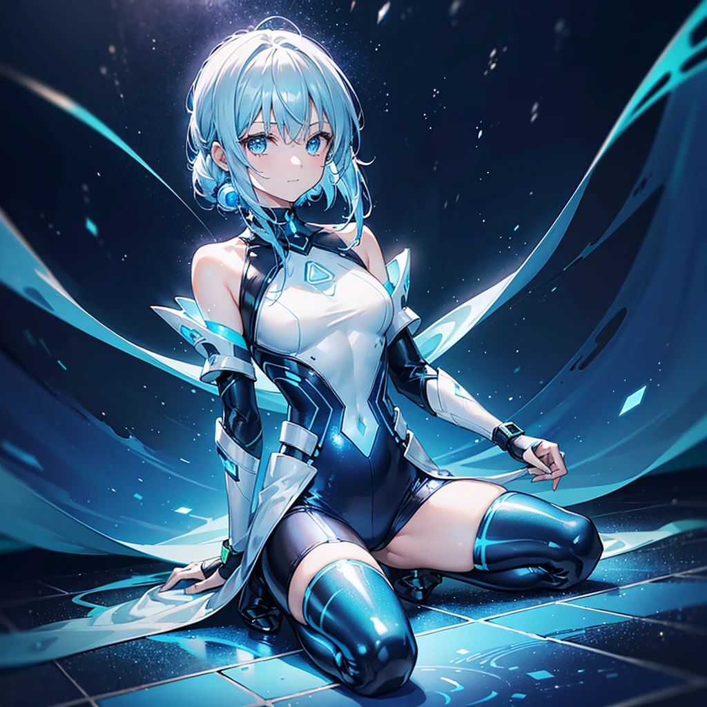 ((Holographic glow effect)),8k, Highest quality, (real:1.4), Original photo, 1 person, Asari Hair, Biological Amplifier, Very sleek and futuristic armor, posture: Peace talks between warring factions,,attention arousal, smart blue eyes,A modest smile,Knee-high boots,Patent-look blue tights,Blue big moon and blue light swirl in the background,Blue light from behind,blue light magic,A small, glowing blue ball in the palm of your hand,Blue flame swirl,Blue Comet,Polished floor,