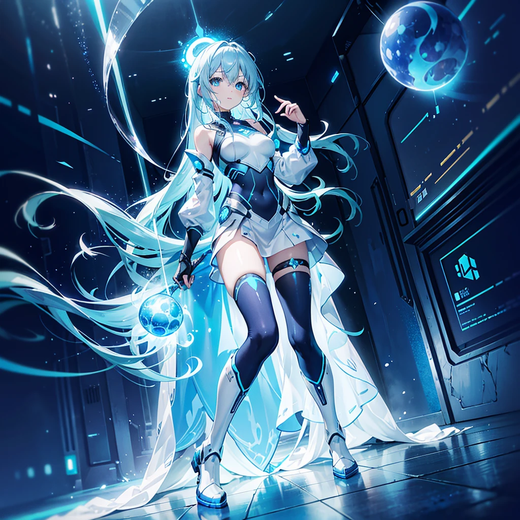 ((Holographic glow effect)),8k, Highest quality, (real:1.4), Original photo, 1 person, Asari Hair, Biological Amplifier, Very sleek and futuristic armor, posture: Peace talks between warring factions,,attention arousal, smart blue eyes,A modest smile,Knee-high boots,Patent-look blue tights,Blue big moon and blue light swirl in the background,Blue light from behind,blue light magic,A small, glowing blue ball in the palm of your hand,Blue flame swirl,Blue Comet,Polished floor,